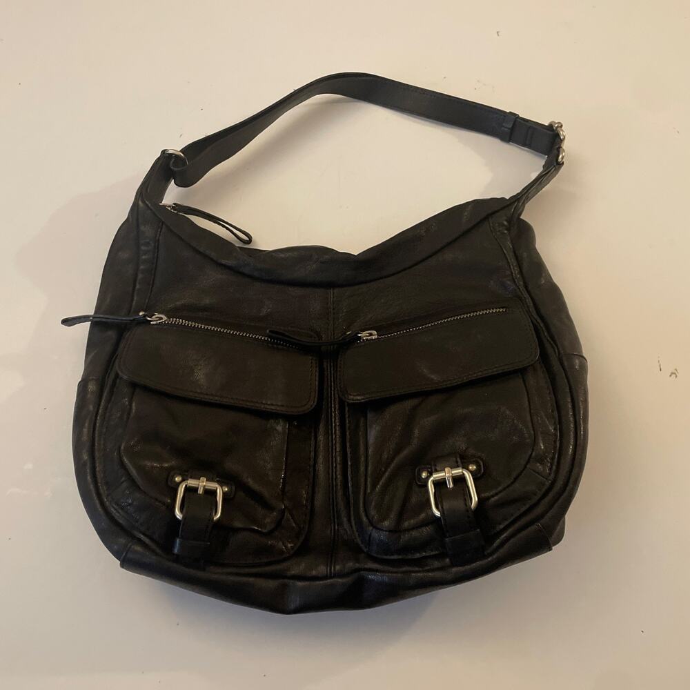 Banana Republic Black Lambskin Crossbody Moto Saddle Purse Bag 12x11x4